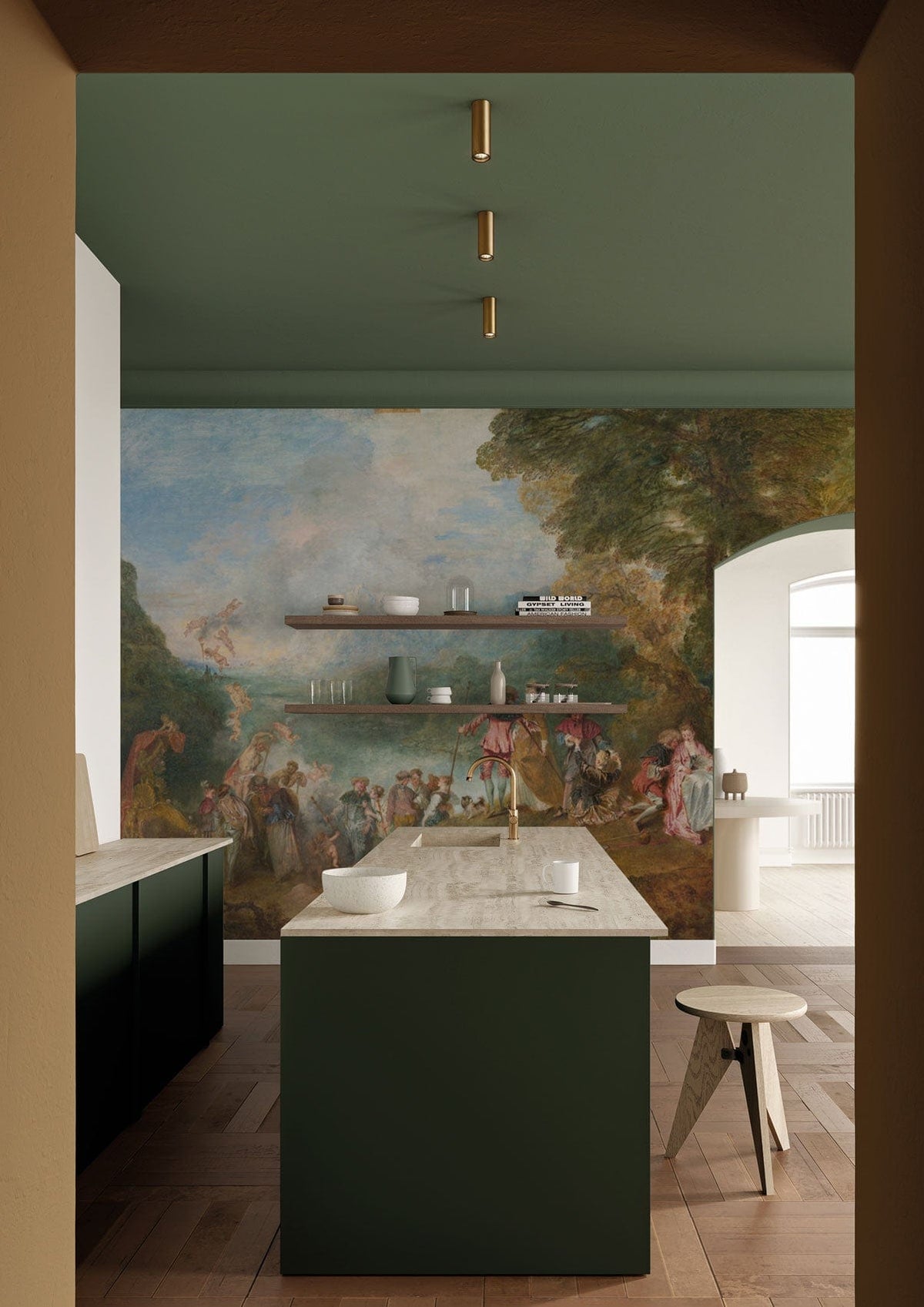 Romantic pastoral landscape wallpaper in elegant kitchen with wooden flooring, green island, and stools.