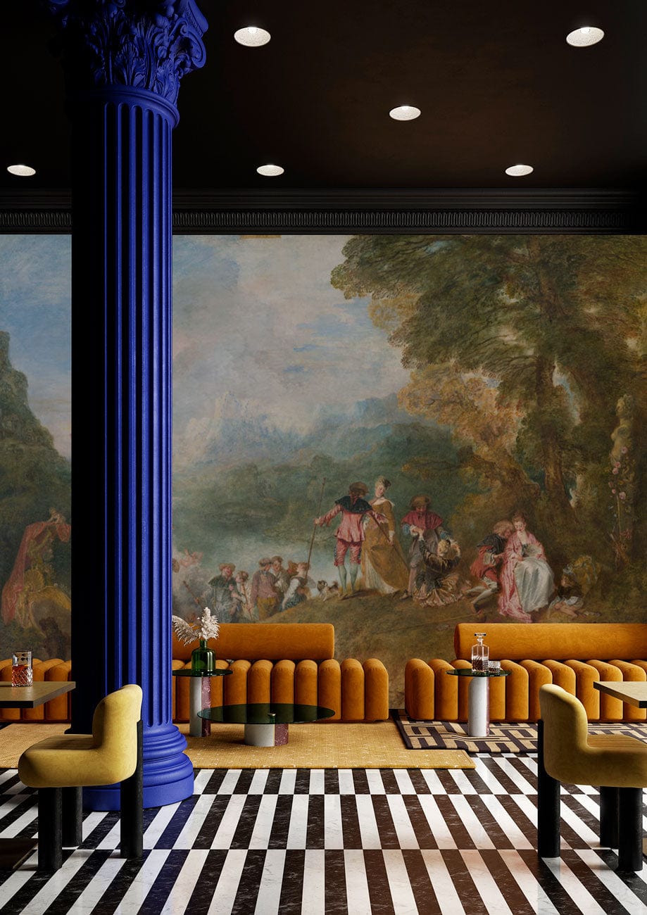 Romantic Pastoral Landscape Wallpaper in elegant tones, mustard sofas, blue column, striped flooring.