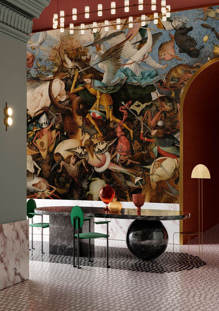 Medieval fantasy mural wallpaper in dining room; vibrant Renaissance design, marble floor, green chairs.