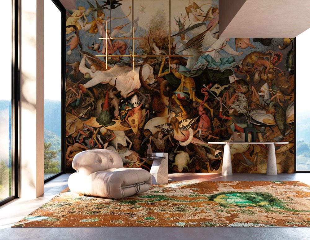 Medieval Fantasy Battle Scene Mural Wallpaper in modern room with plush sofa, artistic rug, large windows.