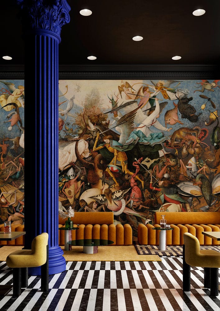 Medieval Battle Mural Wallpaper: Vibrant Renaissance Art with mustard sofas, blue column, striped flooring, elegant room.