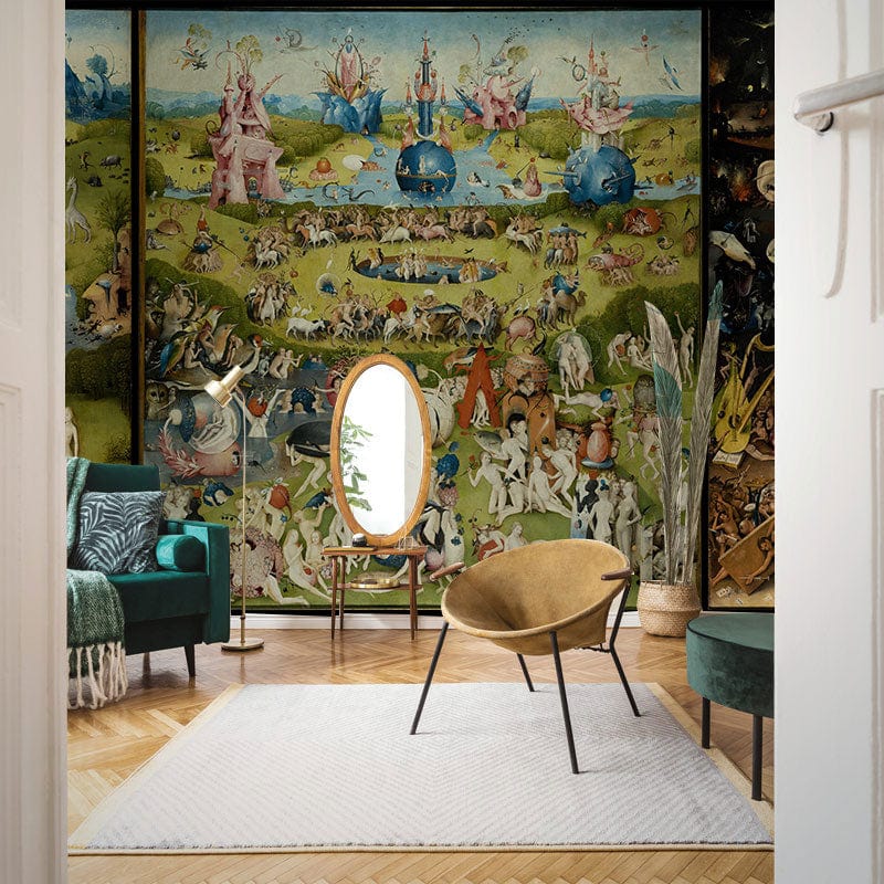 Whimsical mural wallpaper in elegant living room, featuring vintage art, green sofa, chevron flooring.