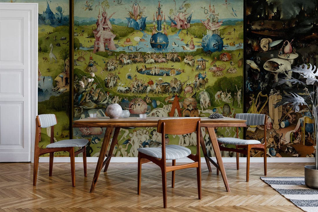 Whimsical Renaissance Mural in dining room with wooden chairs, table, parquet flooring, vibrant vintage design.