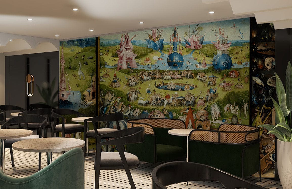 Whimsical Renaissance mural wallpaper in vibrant café; black chairs, green velvet lounge, patterned flooring.