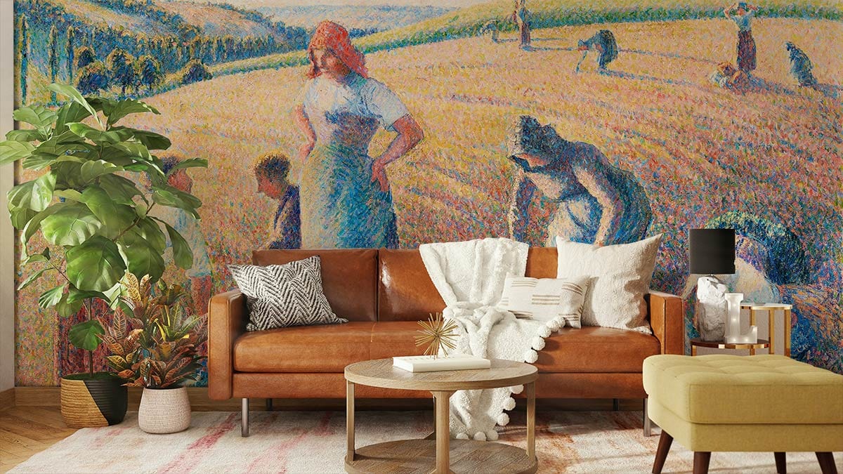 Brown leather sofa, Impressionist Harvest Scene Wallpaper, vibrant mural, light wood flooring, living room.