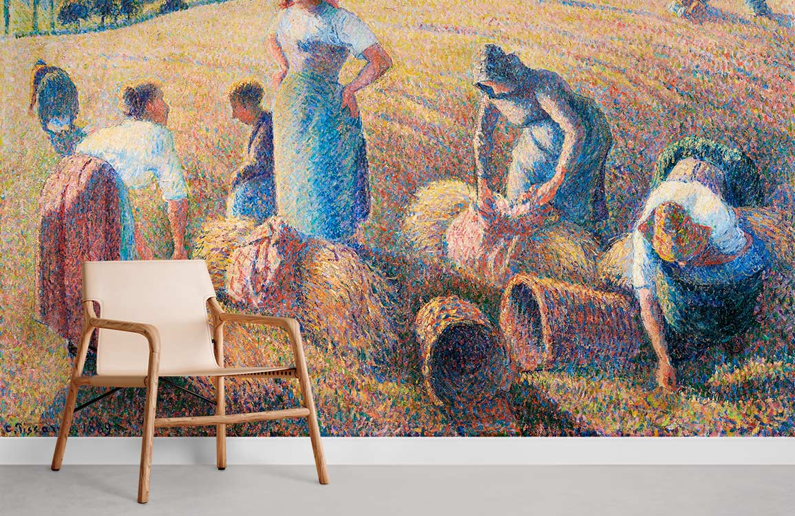 Impressionist Harvest Scene Wallpaper in elegant room with minimalist wooden chair and grey flooring.