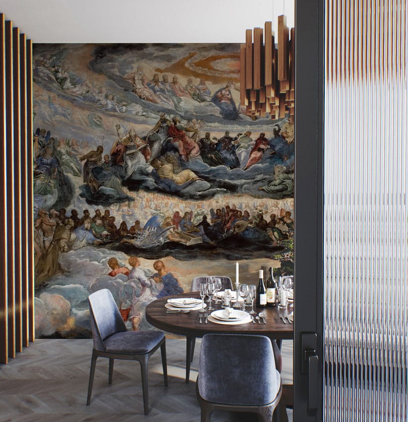 Ethereal Renaissance mural wallpaper in dining room, elegant grey chairs, dark wood table, chevron flooring.