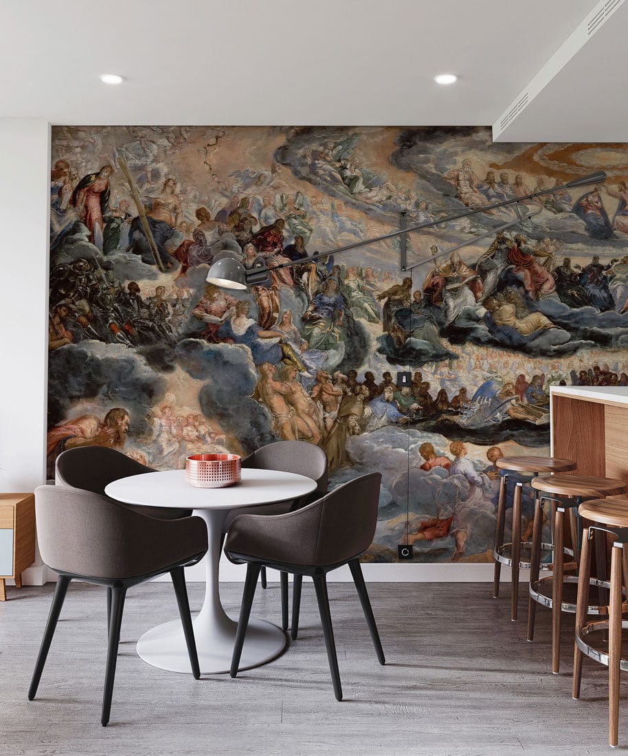Ethereal mural wallpaper in dining space, grey chairs, wooden flooring, white table, minimalist design.
