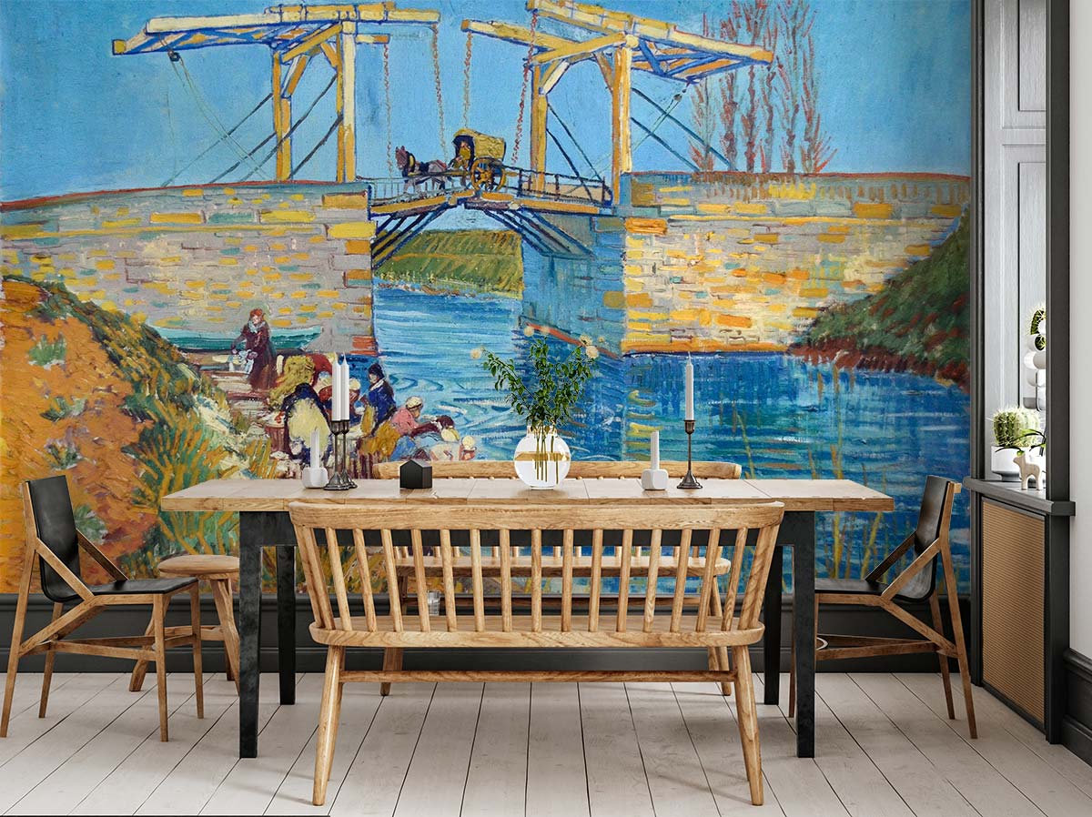 Impressionist bridge mural wallpaper with vibrant blue tones, dining room setting, wooden table, and chairs.