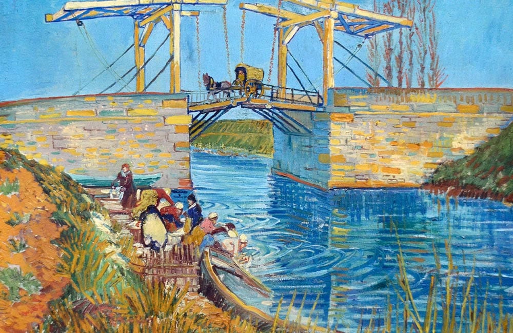 Impressionist Bridge Scene Mural Wallpaper: Vibrant Blue and Earth Tones