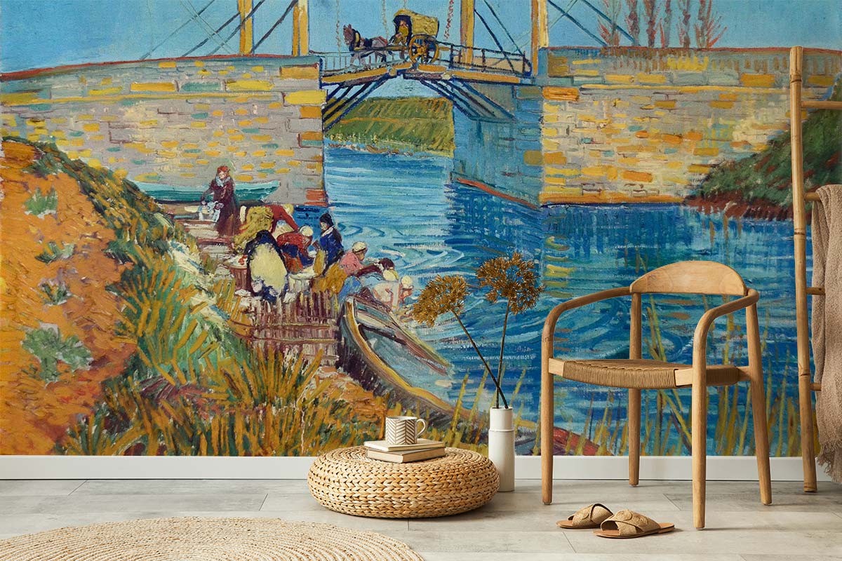 Mural wallpaper with impressionist bridge scene, vibrant colours, wooden chair, natural woven rug, decorative basket.