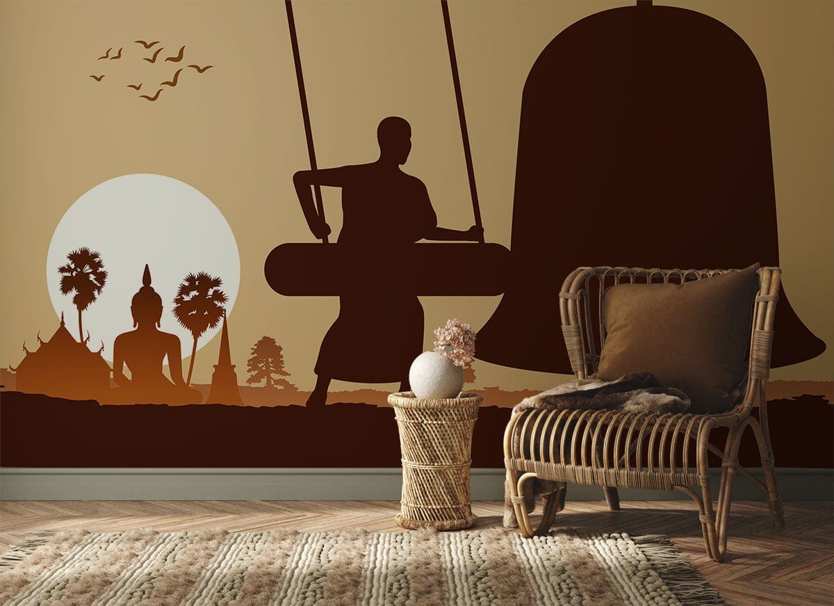 Serene Buddhist Monks Mural Wallpaper with earthy tones, wicker chair, and wooden flooring in living room.