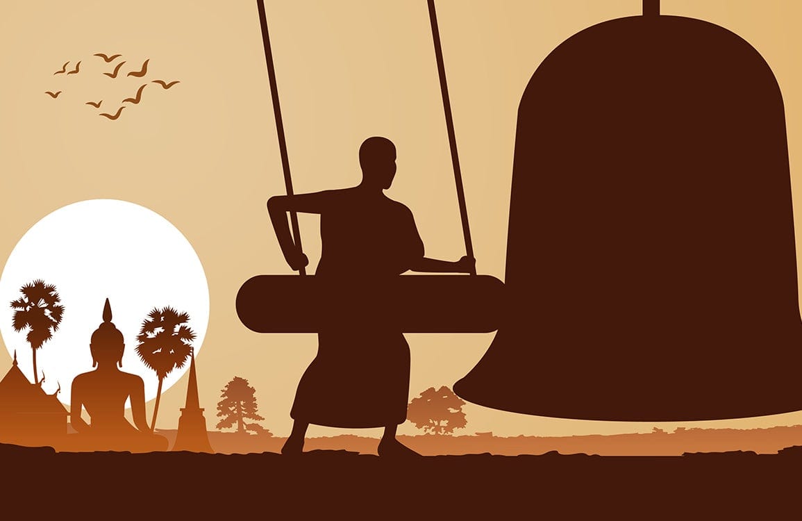 Serene Buddhist Monks Mural Wallpaper in Earthy Browns and Tranquil Silhouettes