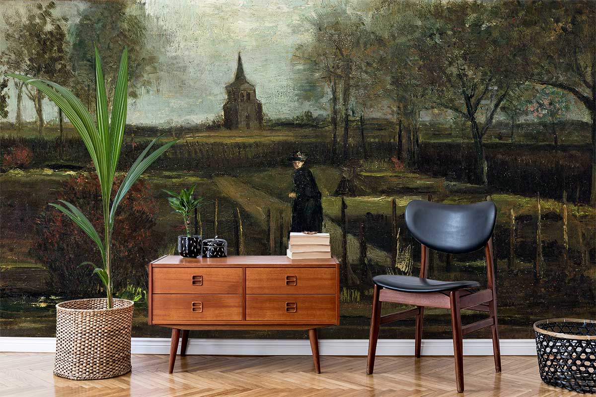 Timeless Landscape Mural Wallpaper, vintage countryside; mid-century sideboard, black chair, parquet flooring.