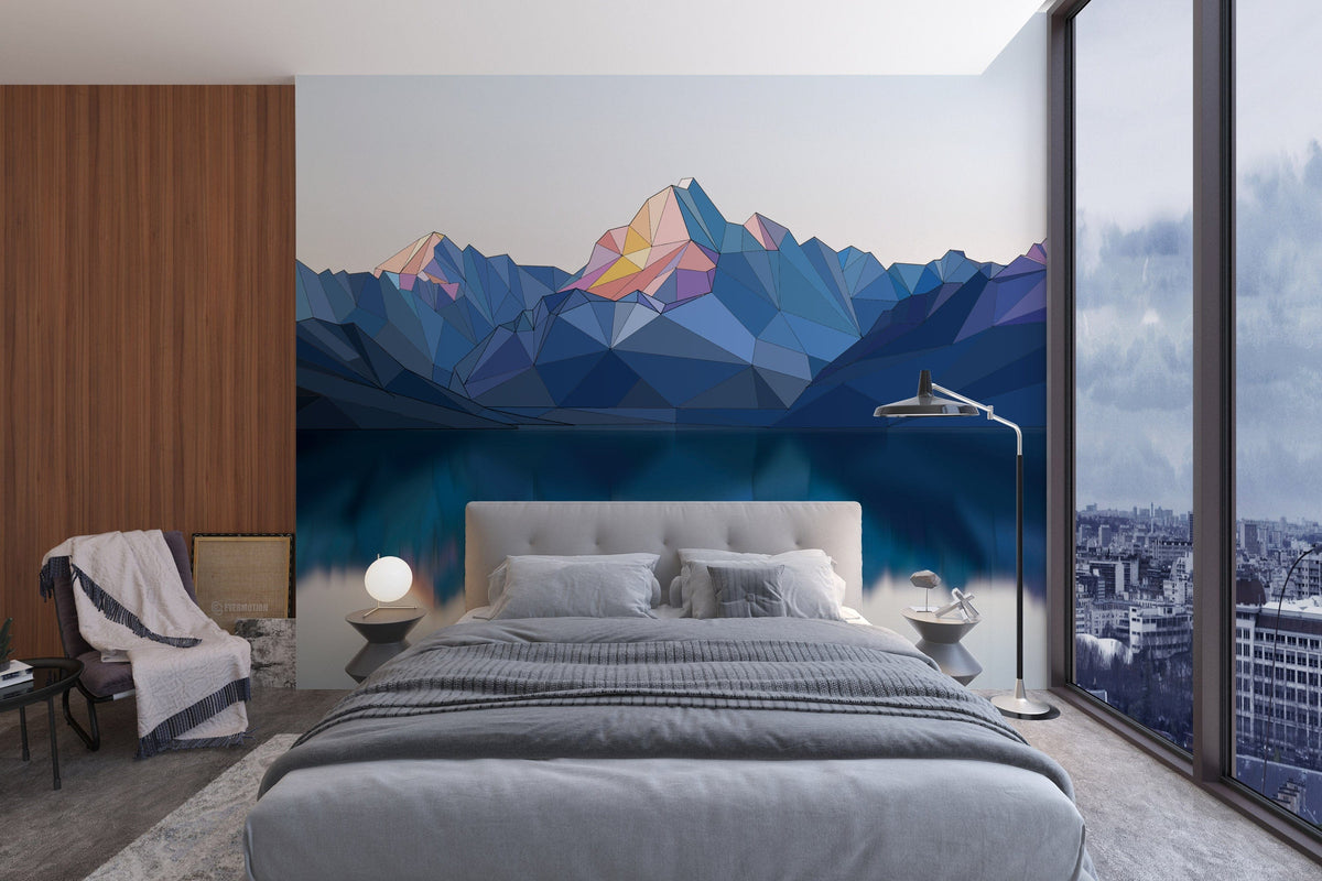 Geometric mountain mural wallpaper in blue, bedroom with grey bed, floor lamp, city view window.