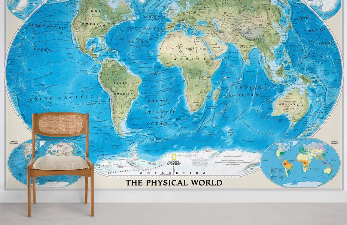 Blue World Map Mural Wallpaper in stylish room with wooden chair, grey flooring, educational decor.