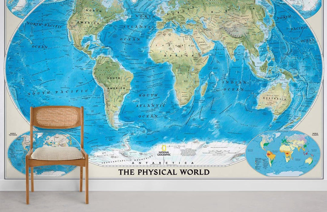 Blue World Map Mural Wallpaper in stylish room with wooden chair, grey flooring, educational decor.