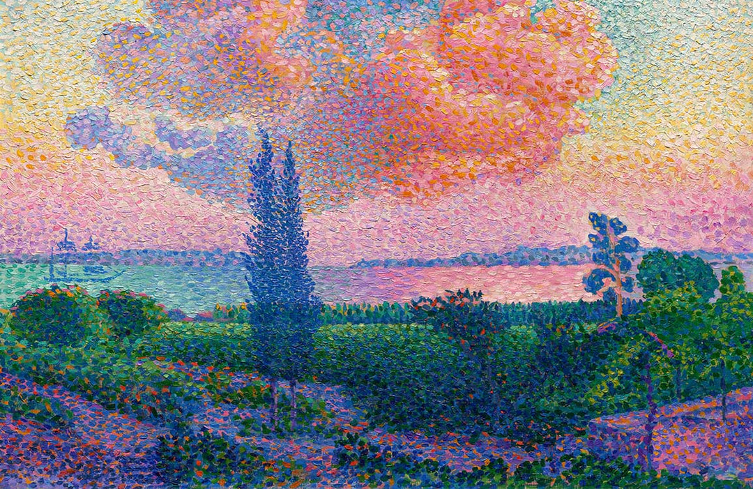 Vibrant Pointillist Landscape Mural Wallpaper with Sunset Hues and Lush Greens