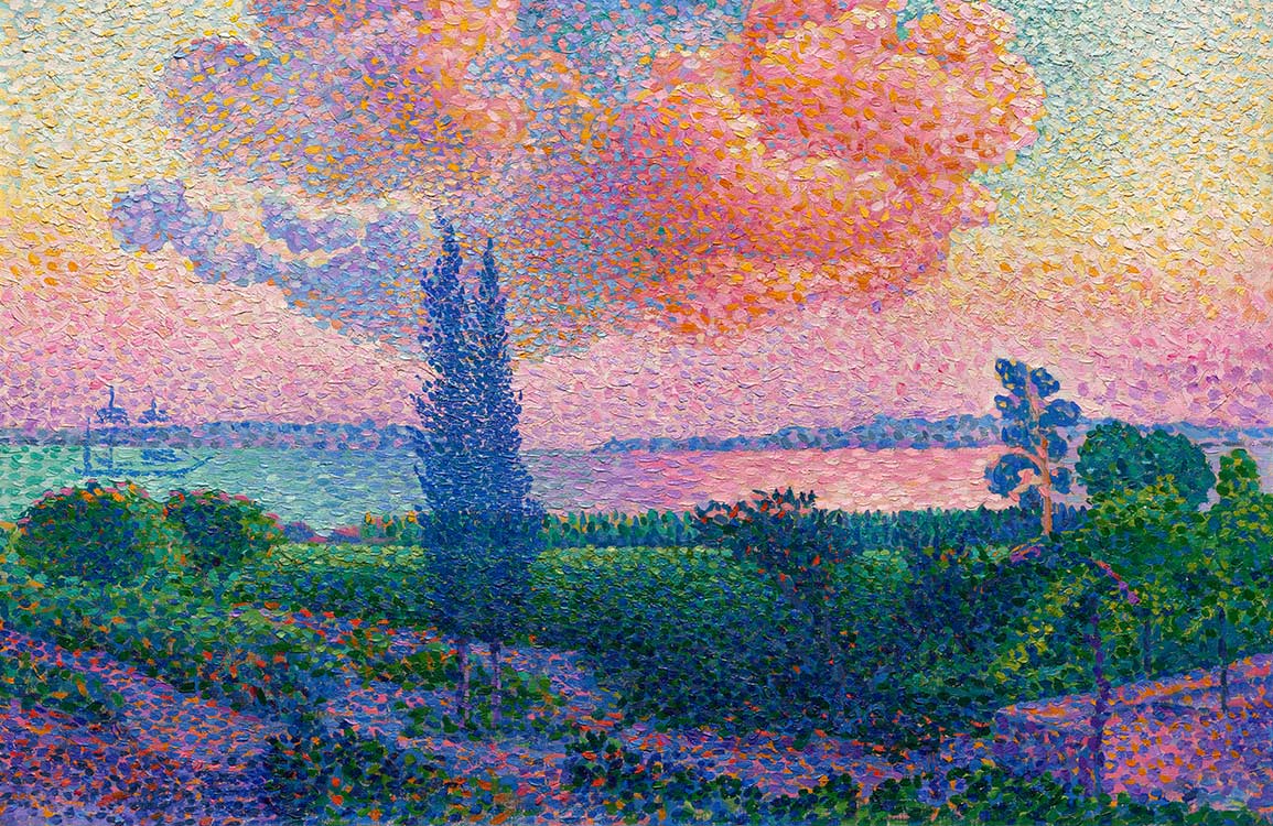 Vibrant Pointillist Landscape Mural Wallpaper with Sunset Hues and Lush Greens
