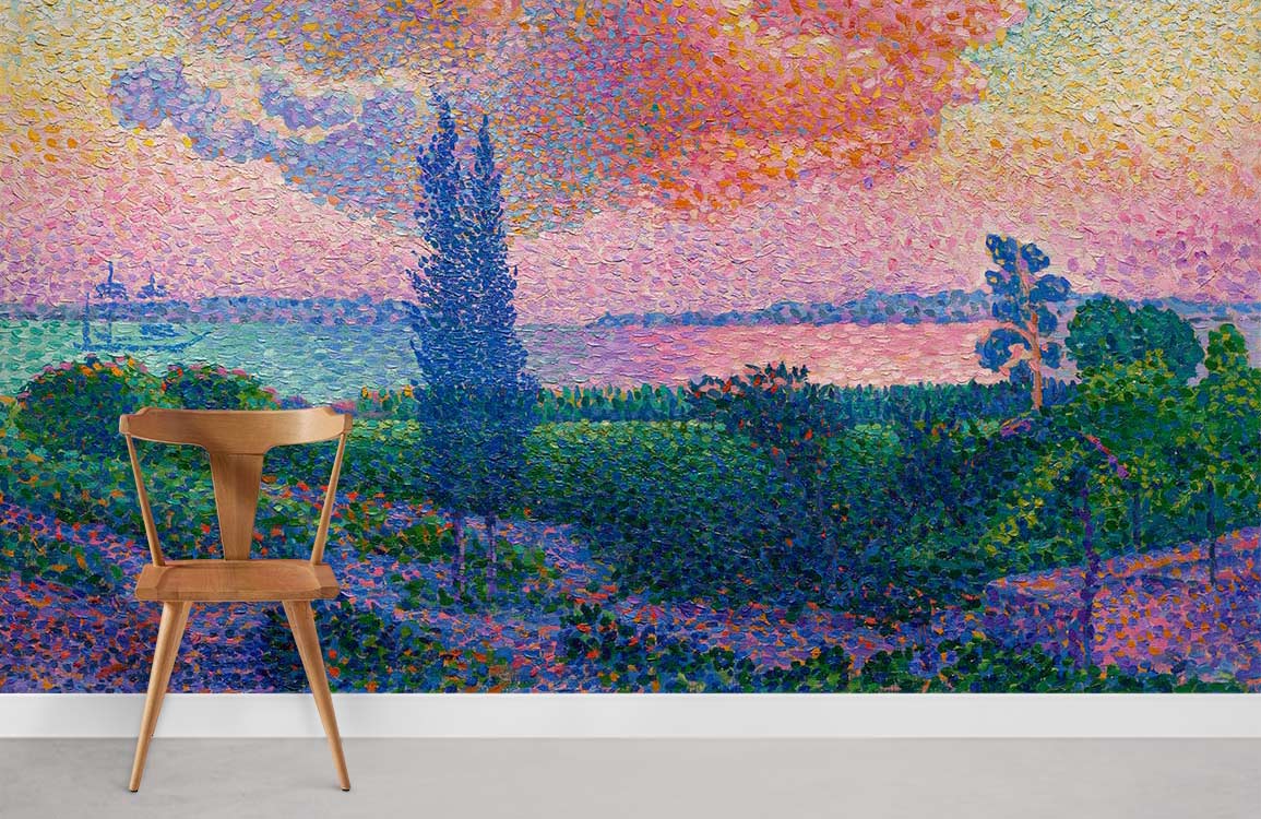 Modern living room with vibrant pointillist landscape mural wallpaper, wooden chair, and grey flooring.