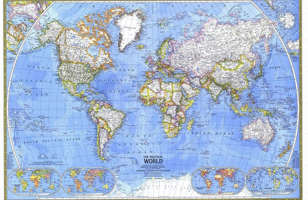Vintage Blue World Map Mural Wallpaper - Educational Travel Decor Styling