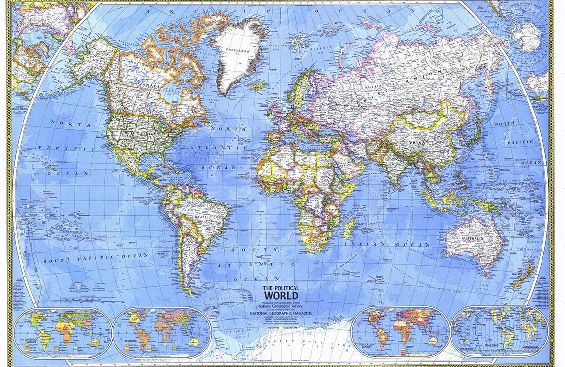Vintage Blue World Map Mural Wallpaper - Educational Travel Decor Styling