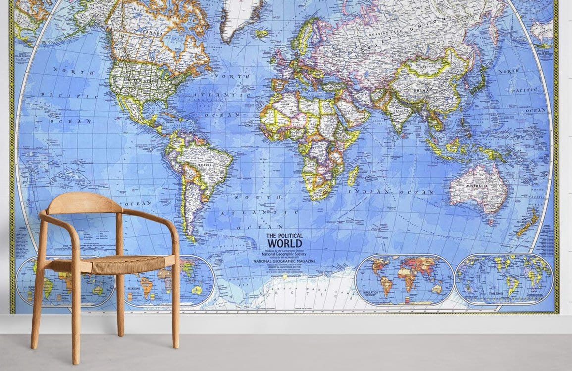 Vintage Blue World Map Mural Wallpaper in living room with wooden chair, grey flooring, educational decor.