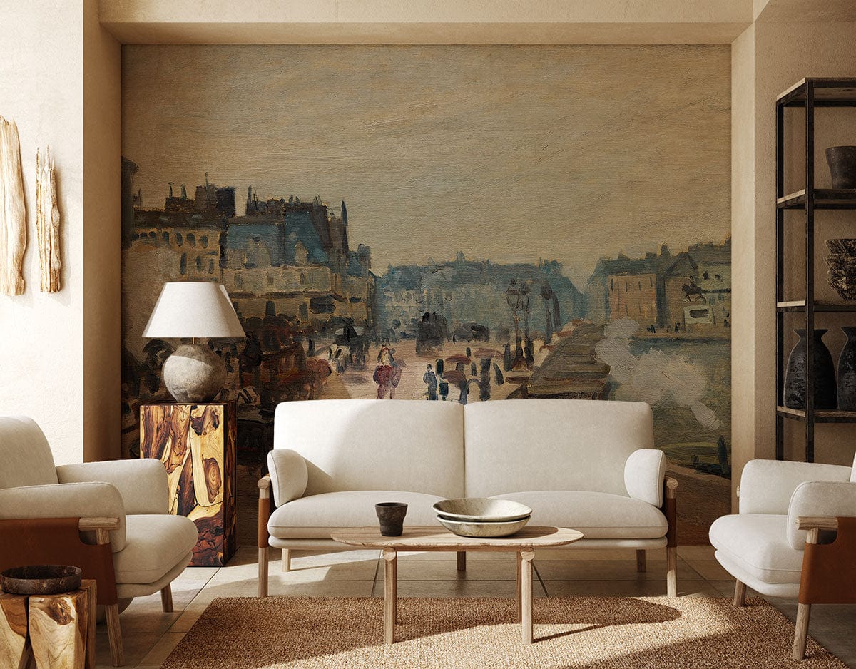 Elegant vintage cityscape mural wallpaper with beige sofas and wooden flooring in a stylish living room.