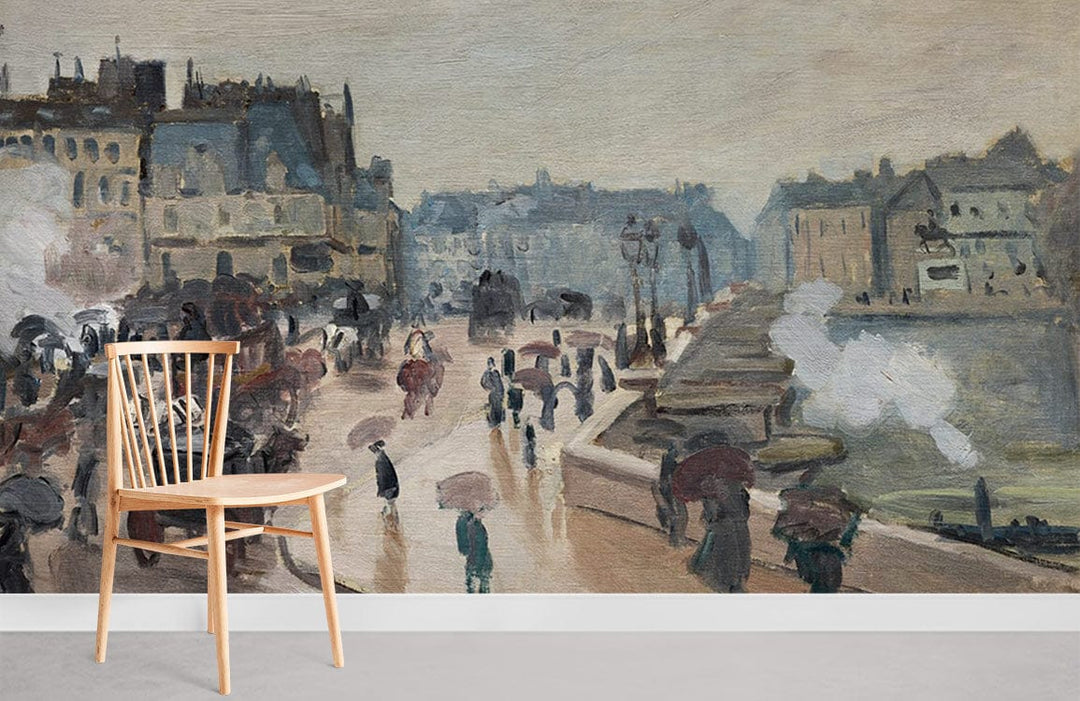 Impressionist Cityscape Mural Wallpaper with elegant street scene, natural wood chair, grey flooring.