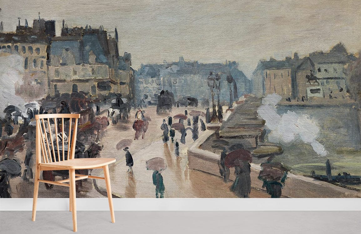 Impressionist Cityscape Mural Wallpaper with elegant street scene, natural wood chair, grey flooring.