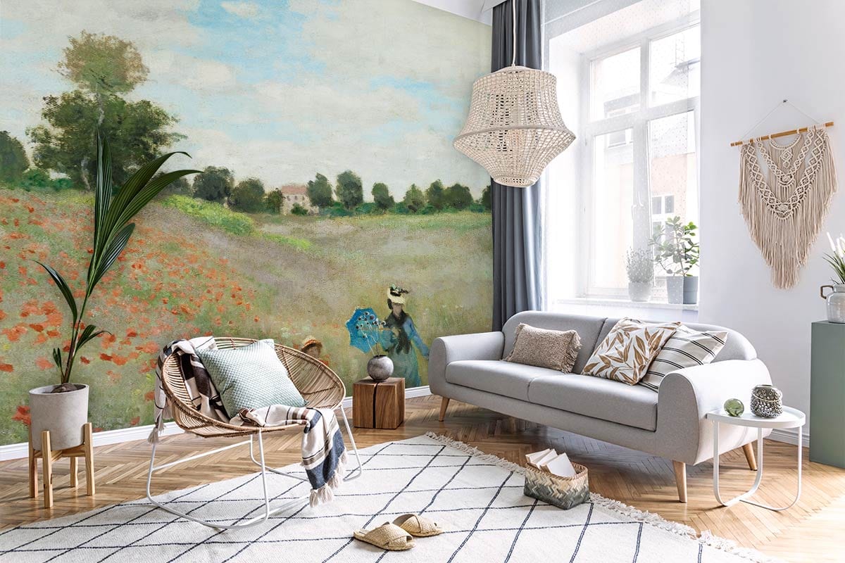 Classic Impressionist mural with blue sky, red poppies; cosy living room, grey sofa, modern Décor.