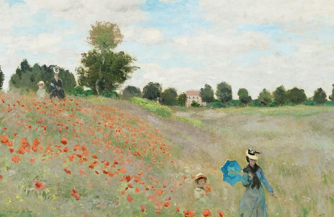 Classic Impressionist Countryside Mural Wallpaper, Blue Sky and Red Poppies Design