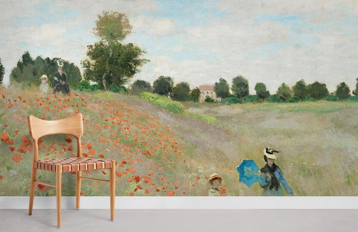 Classic Impressionist mural wallpaper featuring blue sky, red poppies, wooden chair, grey flooring.