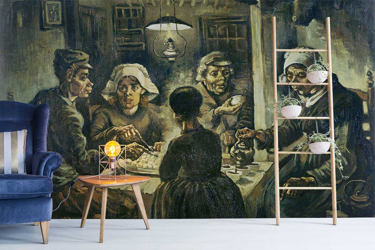 Vintage art mural with earthy tones in a living room featuring blue sofa and ladder shelf.