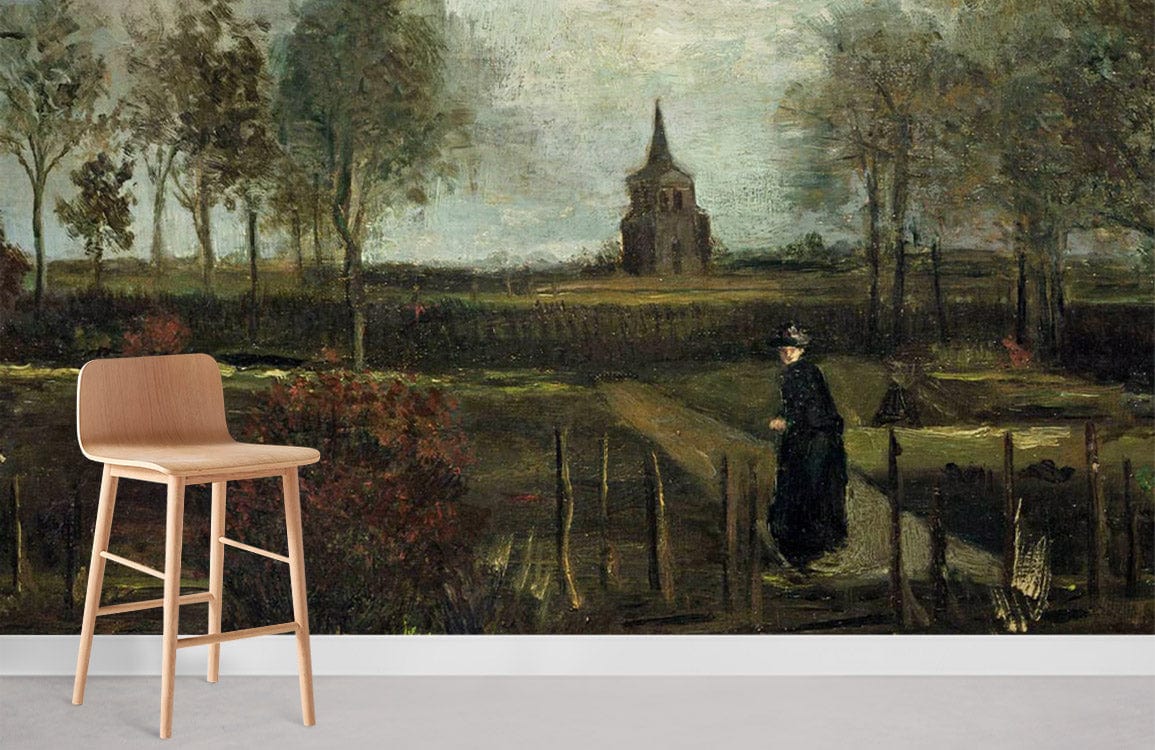 Timeless Landscape Mural Wallpaper: Vintage countryside scene, earthy tones, wooden chair, neutral flooring.