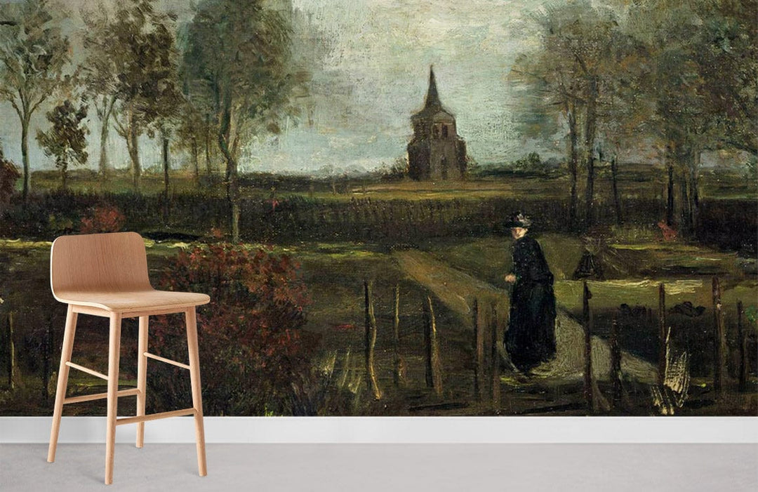 Timeless Landscape Mural Wallpaper: Vintage countryside scene, earthy tones, wooden chair, neutral flooring.