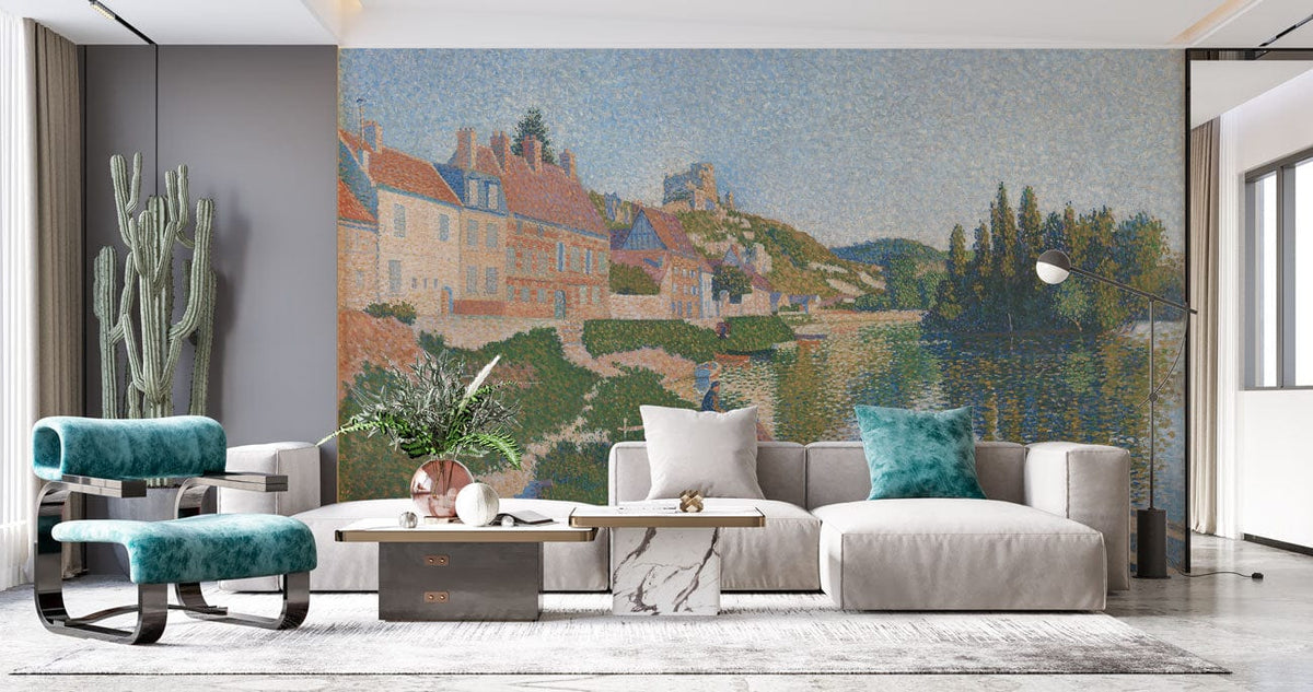 Scenic mural wallpaper with pastel hues, grey sofa, marble coffee table, teal accents, modern living room.