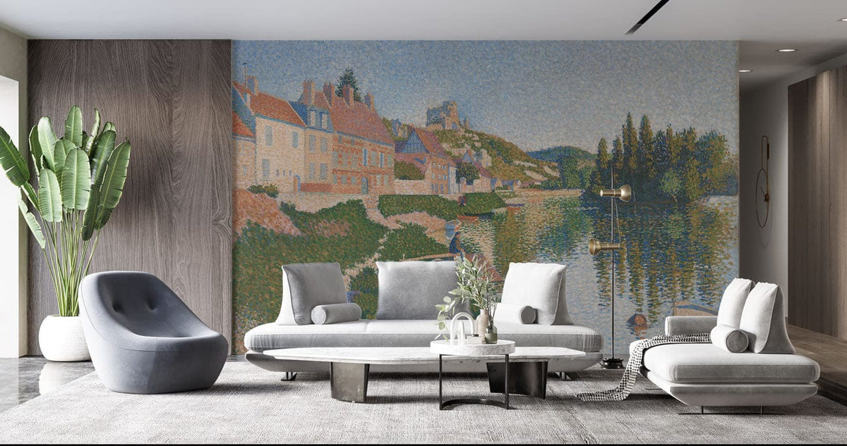 Mural wallpaper in pastel hues, grey sofas, modern lounge, grey rug, serene riverside village scene.