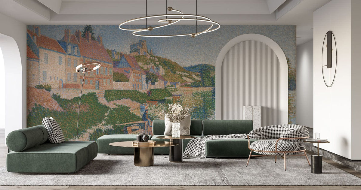 Green sectional sofas in modern living room with Impressionist mural wallpaper, soft pastels, and archway.