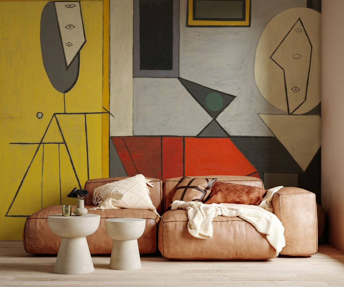 Abstract geometric mural wallpaper, modern art with yellow-red tones, beige sofa, wooden flooring, contemporary room.