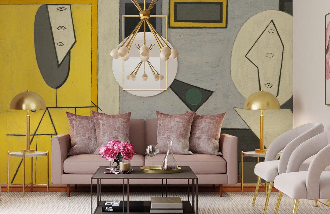 Contemporary lounge with geometric mural wallpaper, pink sofa, gold lamps, and modern chairs. Sleek interior design.