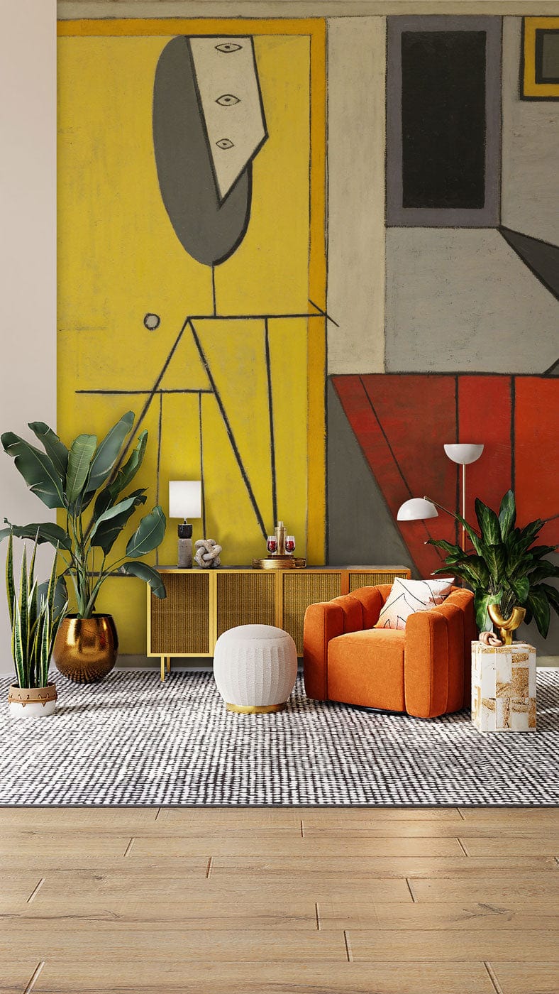Abstract geometric yellow red mural, modern living room, orange sofa, wood flooring, interior design.
