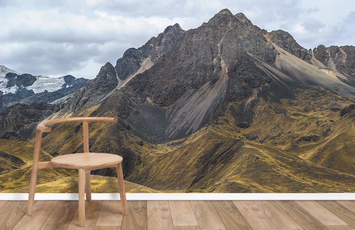 Chair with Majestic Mountain Landscape Mural Wallpaper; earthy tones, wooden flooring, contemporary style.