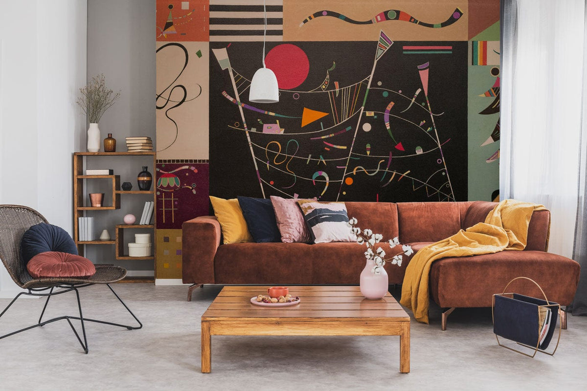 Abstract geometric modern art wallpaper with brown suede sofa, wooden coffee table, in a contemporary living room.