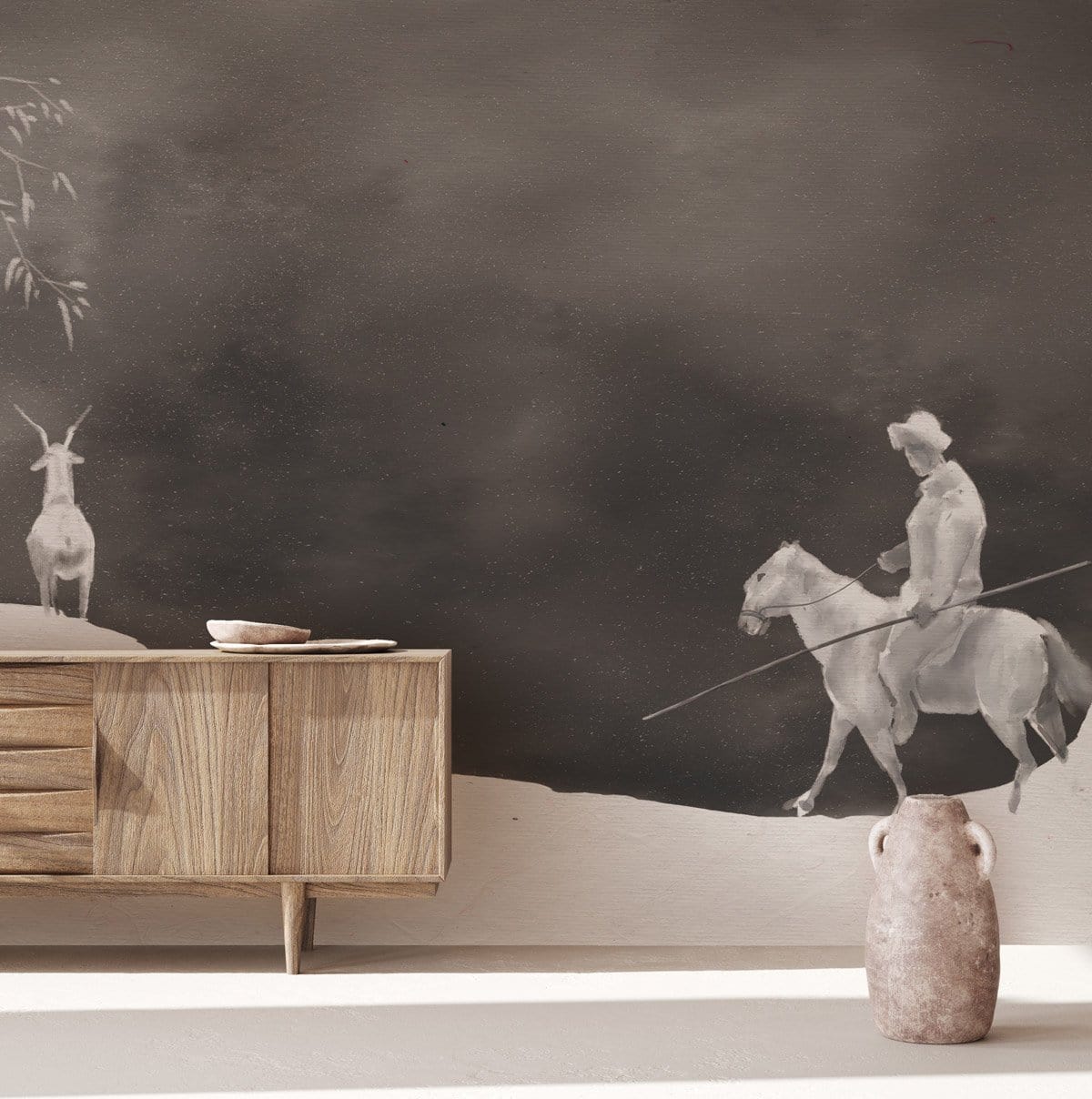 Monochrome Horseman Journey Mural, minimalist landscape, wooden sideboard, ceramic vase, monochrome wall.