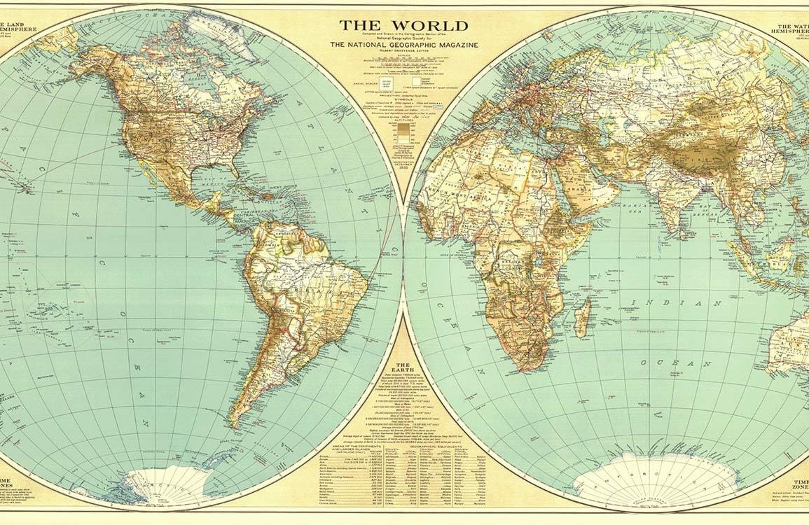 Vintage World Map Mural Wallpaper with Antique Style and Earthy Tones
