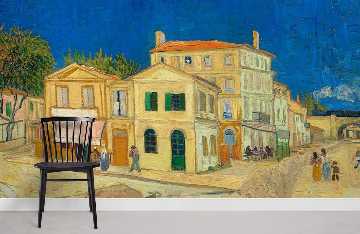 Vintage Impressionist mural wallpaper in blue tones with black wooden chair on a grey floor.