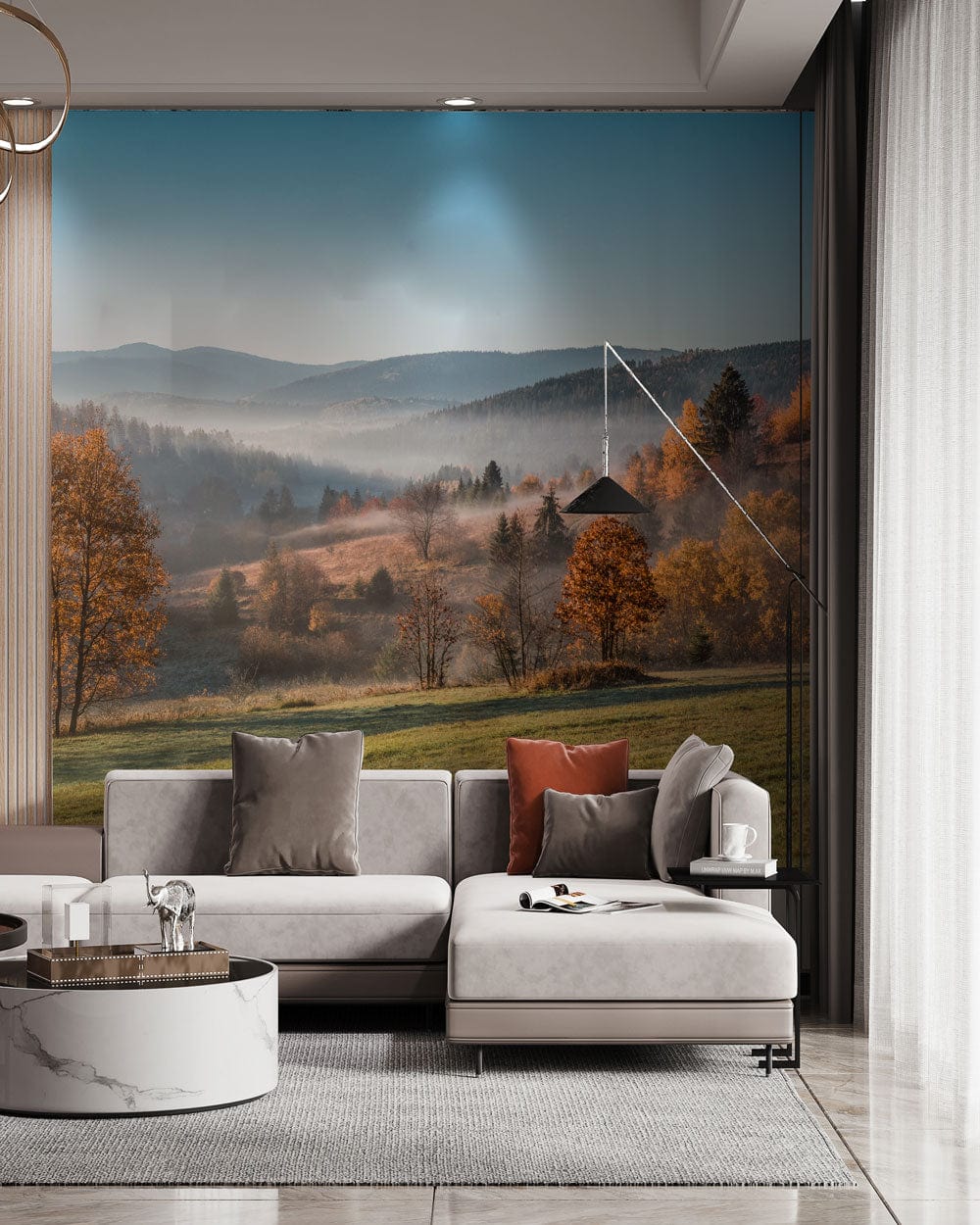 Autumn morning mist mural in elegant lounge with grey sofa, marble flooring, and modern lighting.