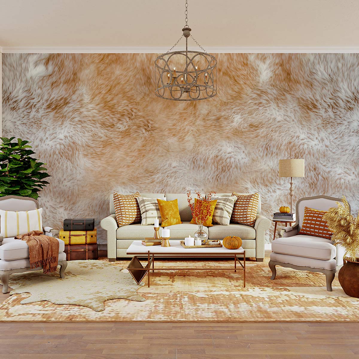 Luxurious faux fur textured wallpaper, warm earthy tones, elegant living room, neutral sofas, chic lighting.