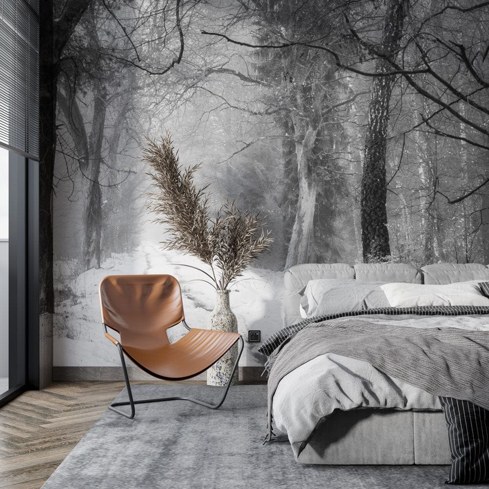 Enchanting Winter Forest Path mural wallpaper, featuring grey sofa, wooden chair, grey rug, bedroom setting.